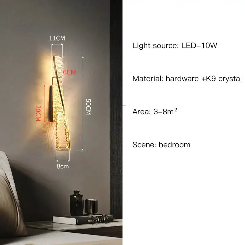 Luxury golden twisted crystal led wall sconce bedroom light