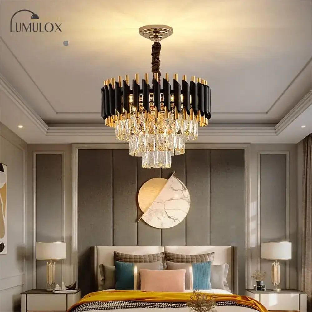 Luxury k9 crystal tiered chandelier black & gold dining room light
