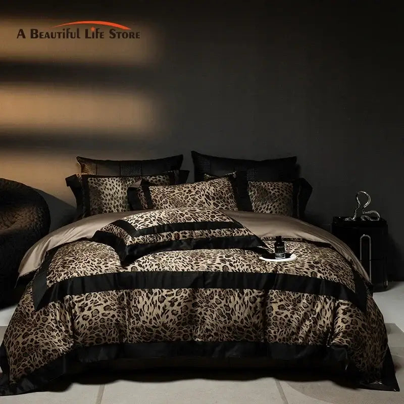 Luxury leopard print & black satin bedding set bedroom decor