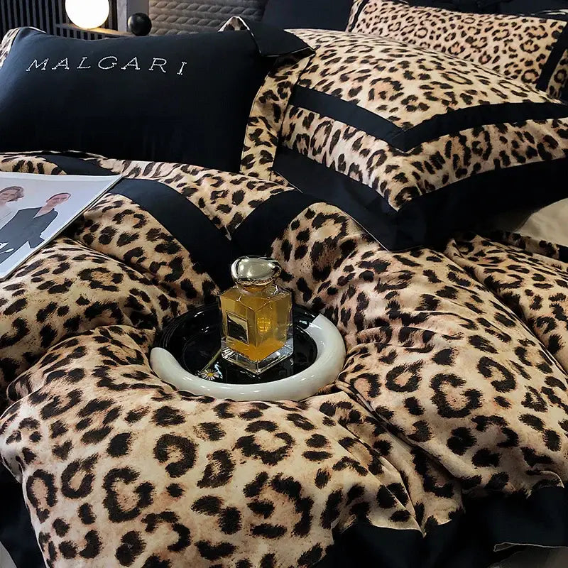 Luxury leopard print lyocell cotton bedding set bedroom satin finish