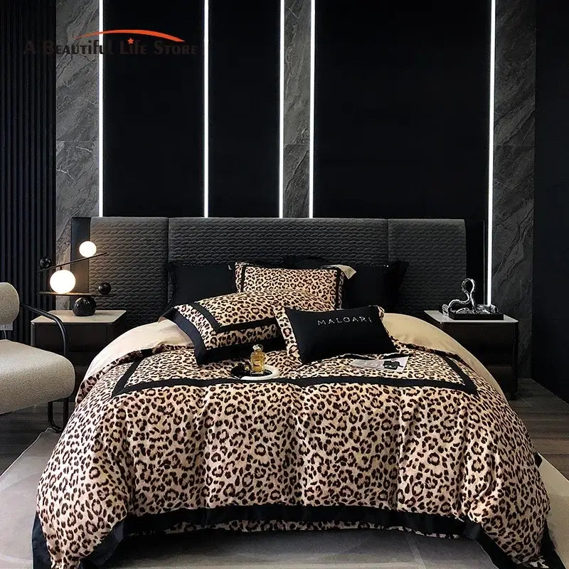 Luxury leopard print lyocell cotton bedding set bedroom satin finish