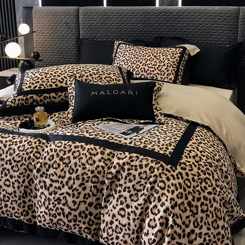 Luxury leopard print lyocell cotton bedding set bedroom satin finish