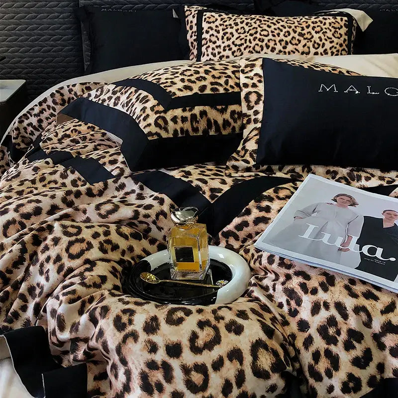 Luxury leopard print lyocell cotton bedding set bedroom satin finish