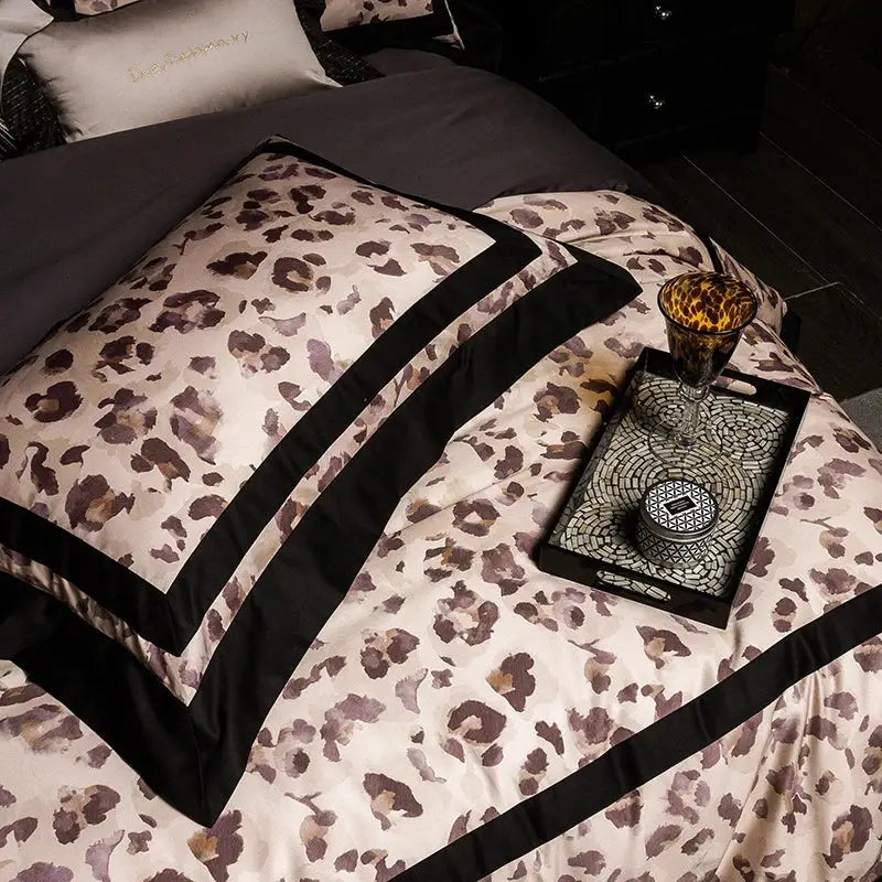 Luxury leopard print satin bedding set bedroom duvet cover cream black