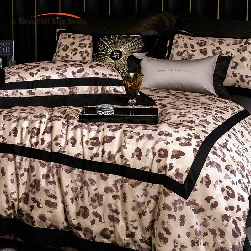 Luxury leopard print satin bedding set bedroom duvet cover cream black