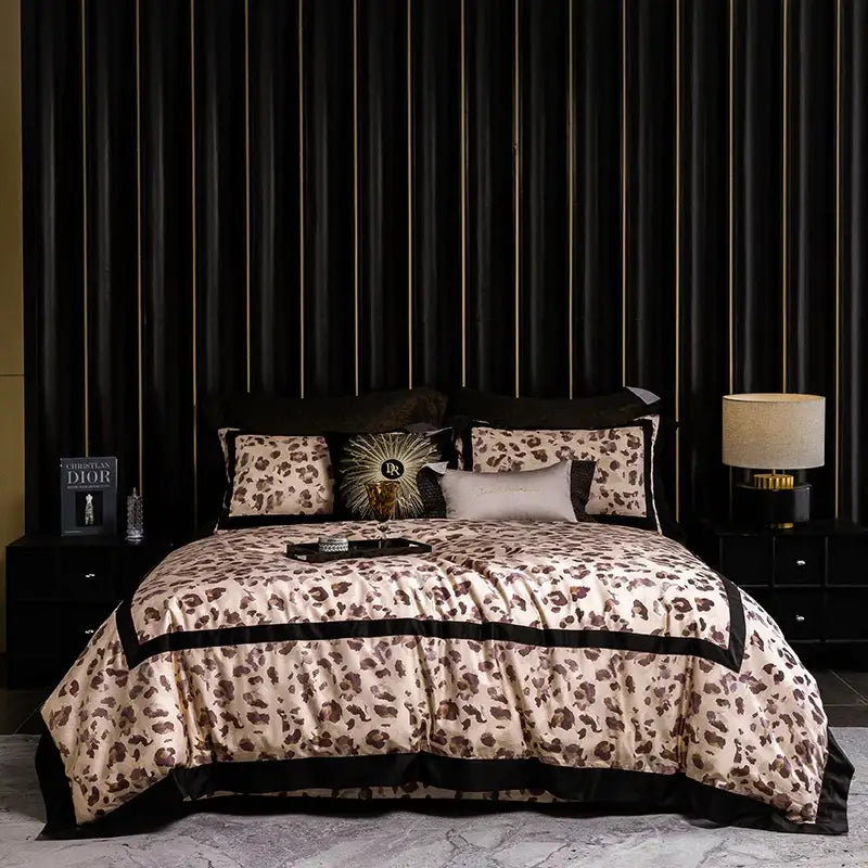 Luxury leopard print satin bedding set bedroom duvet cover cream black