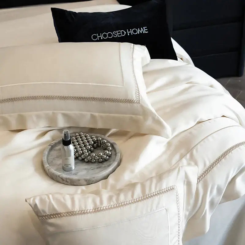 Luxury light champagne embroidery bedding set bedroom egyptian cotton