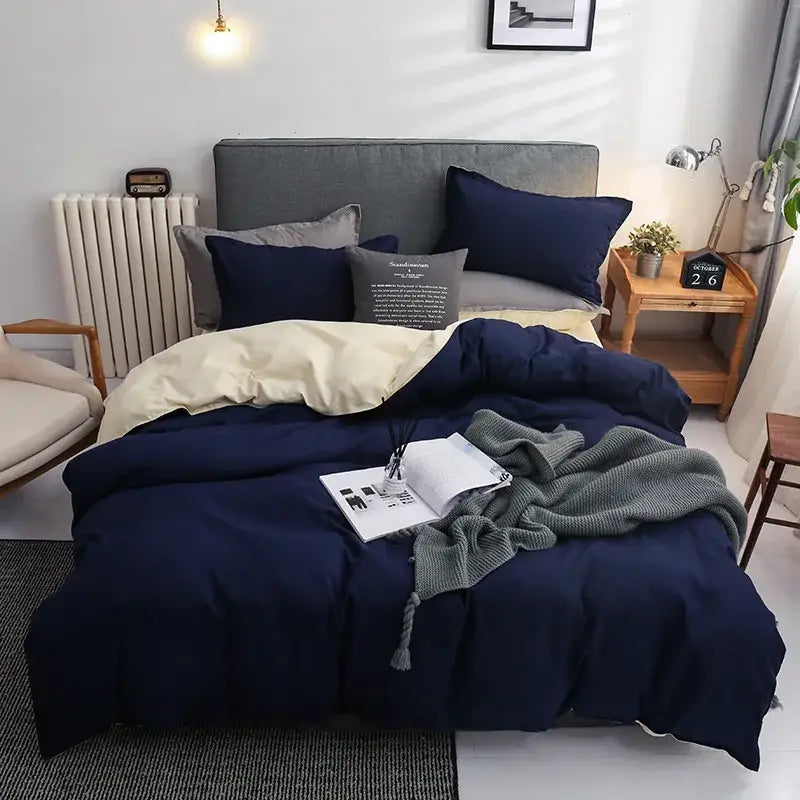 Luxury satin light gray & navy duvet cover set bedroom bedding