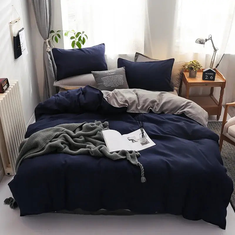 Luxury satin light gray & navy duvet cover set bedroom bedding