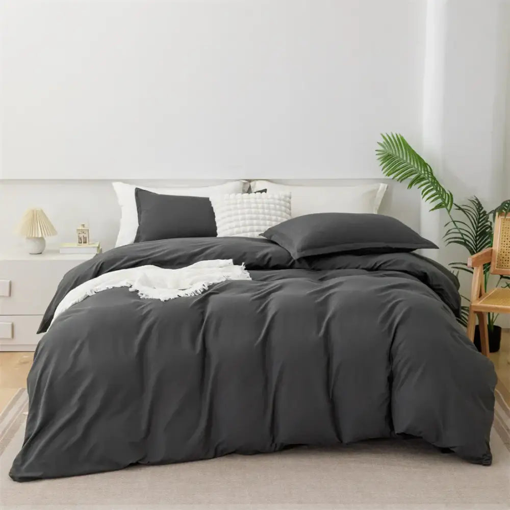 Luxury satin light gray & navy duvet cover set bedroom bedding