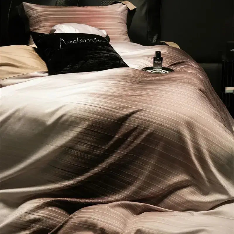 Luxury taupe & beige striped lyocell cotton bedding set bedroom