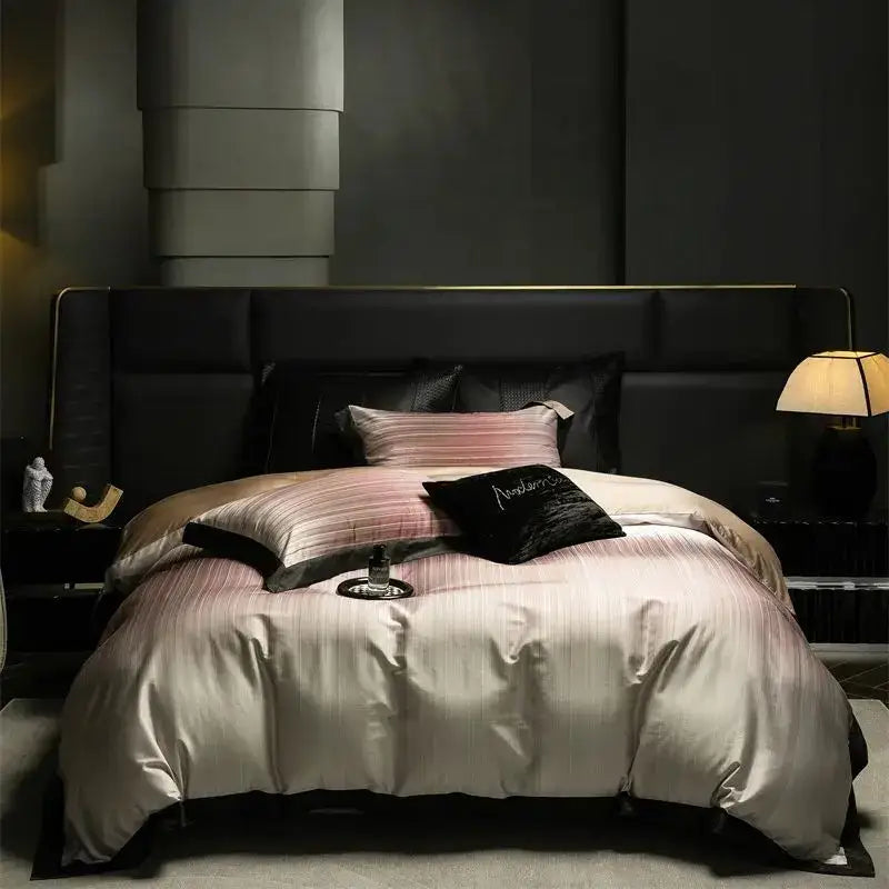 Luxury taupe & beige striped lyocell cotton bedding set bedroom