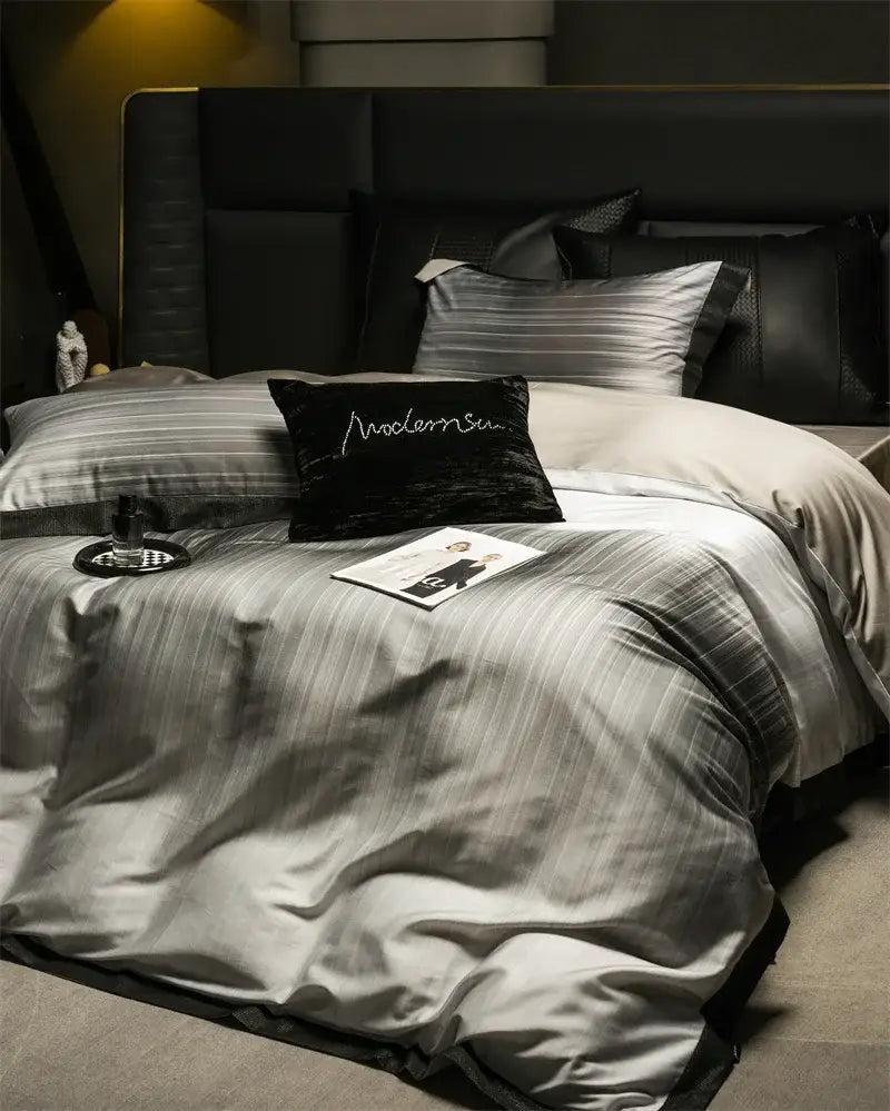 Luxury taupe & beige striped lyocell cotton bedding set bedroom