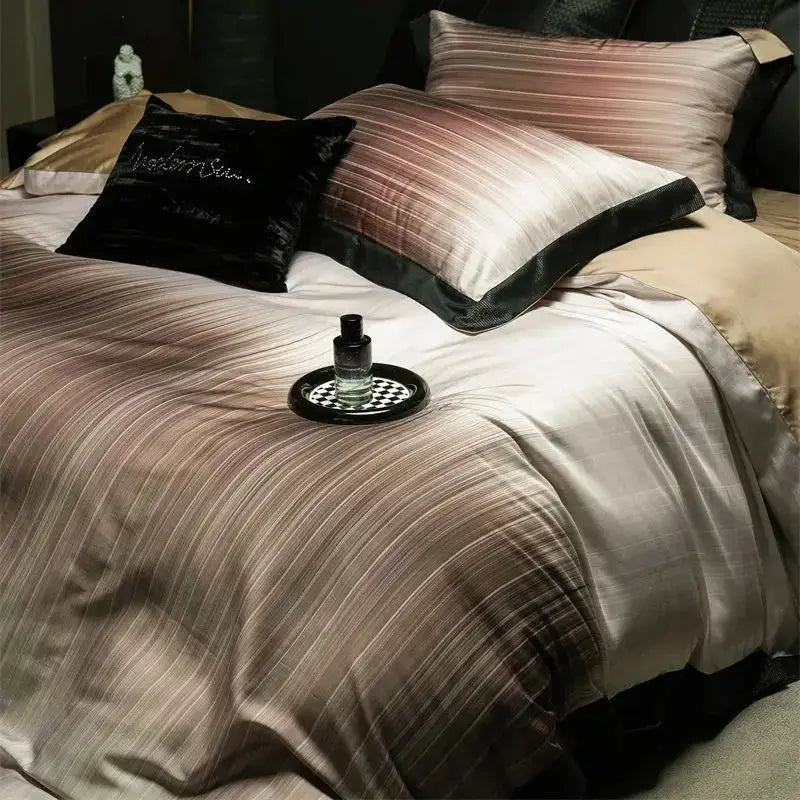 Luxury taupe & beige striped lyocell cotton bedding set bedroom