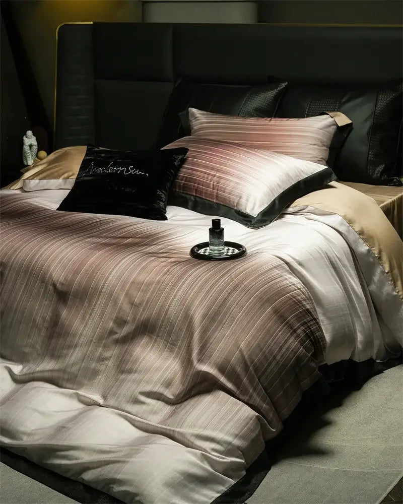 Luxury taupe & beige striped lyocell cotton bedding set bedroom