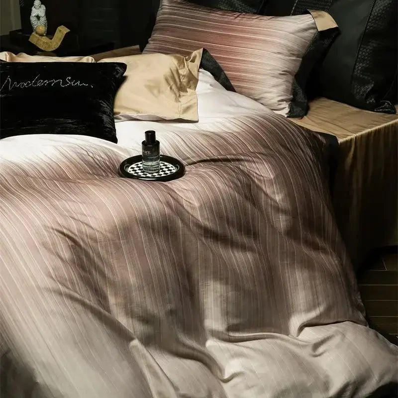 Luxury taupe & beige striped lyocell cotton bedding set bedroom