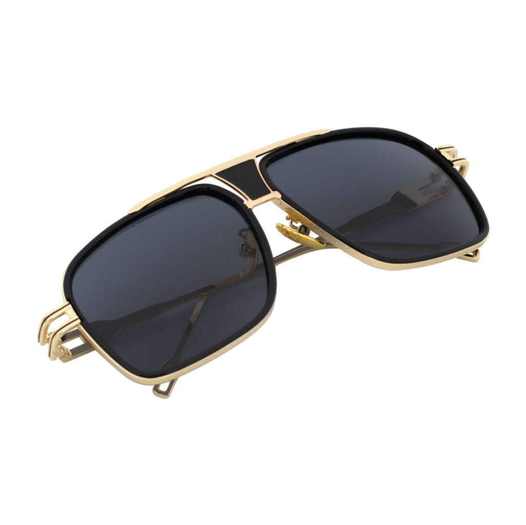 MAC - Two-Tone Square Metal Aviator Black-Gold Sunglasses Dark Smoke Lens