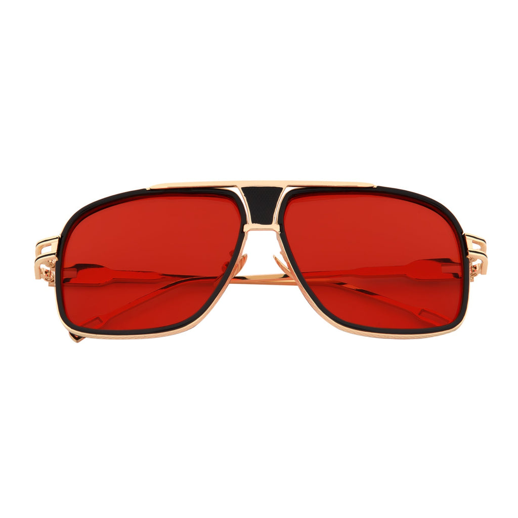 MAC - Two-Tone Square Metal Aviator Black-Gold Sunglasses Red Lens