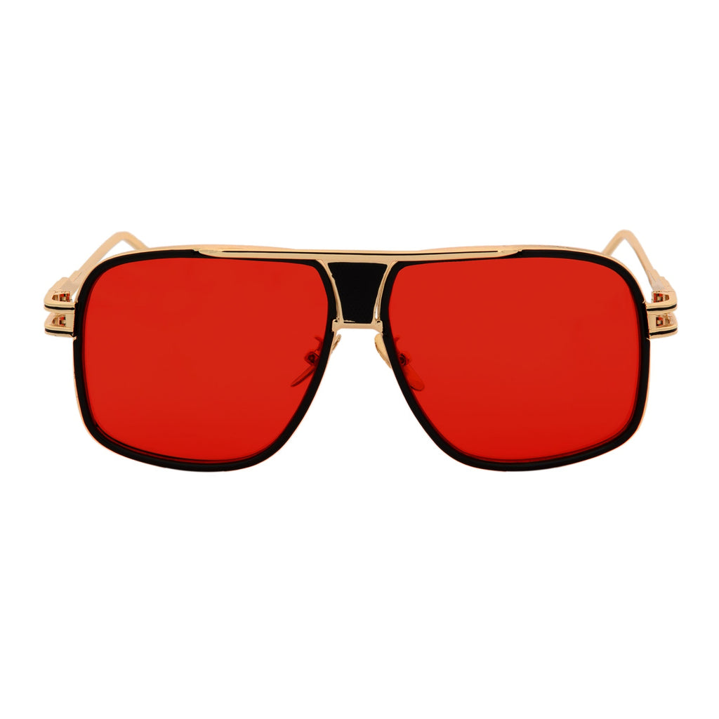 MAC - Two-Tone Square Metal Aviator Black-Gold Sunglasses Red Lens