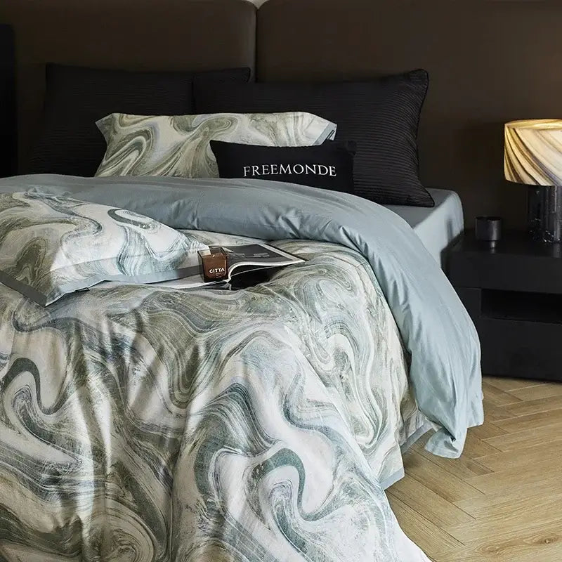 Marble gray & teal 100s egyptian cotton bedding set bedroom