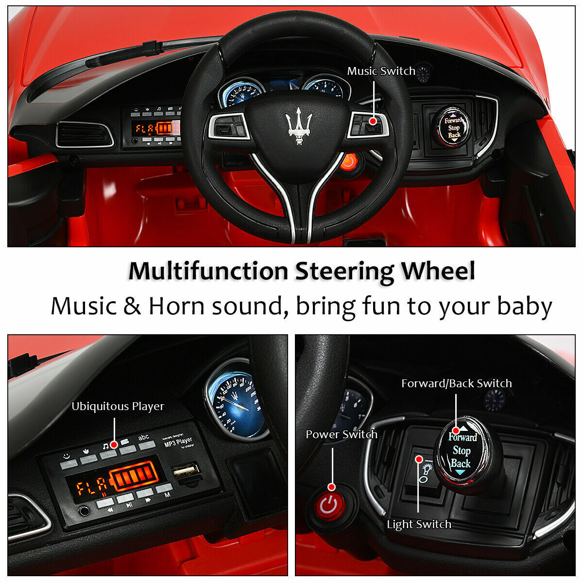 Maserati Licensed Kids Ride-On Car with RC Remote Control, LED Lights, and MP3 Player - Red