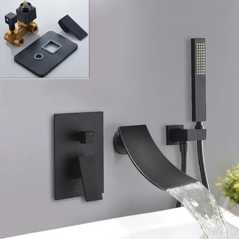Matte black bathroom waterfall faucet with handheld showerhead