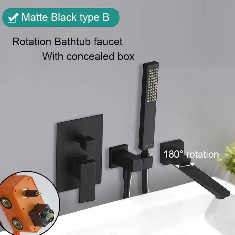 Matte black bathroom waterfall faucet with handheld showerhead
