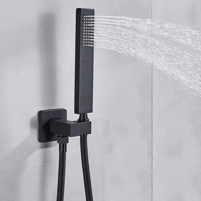 Matte black bathroom waterfall faucet with handheld showerhead