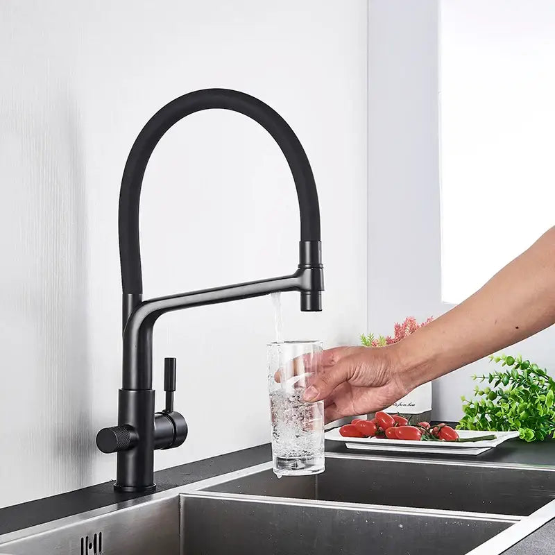 Matte black dual spout kitchen water filter faucet 360 rotation