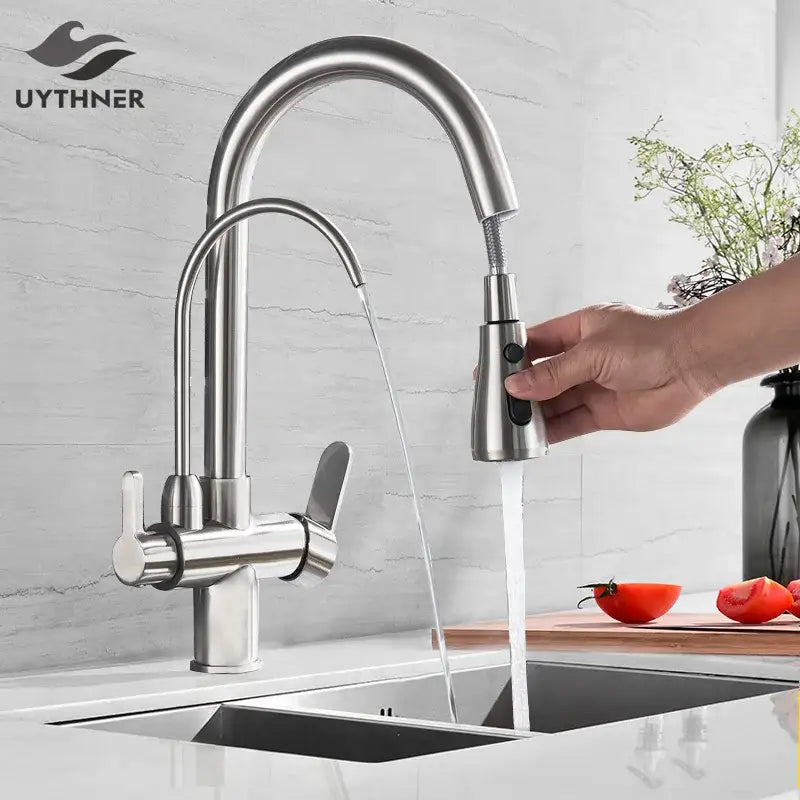 Matte black dual spout kitchen water filter faucet 360 rotation