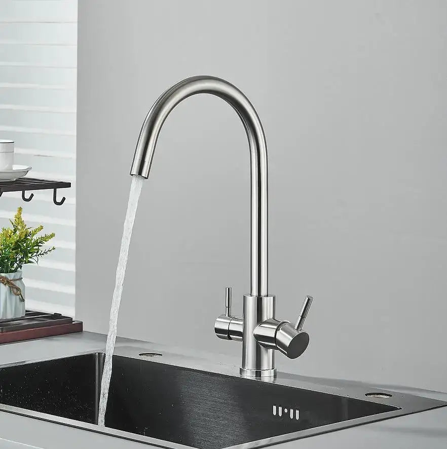 Matte black dual spout kitchen water filter faucet 360 rotation