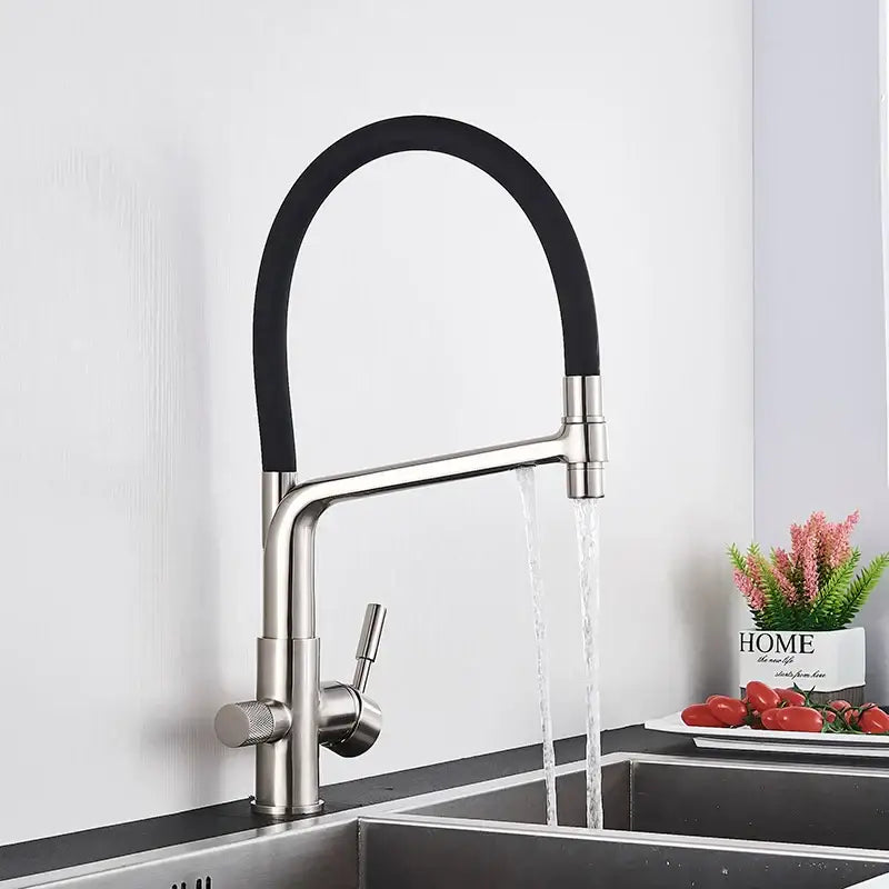 Matte black dual spout kitchen water filter faucet 360 rotation