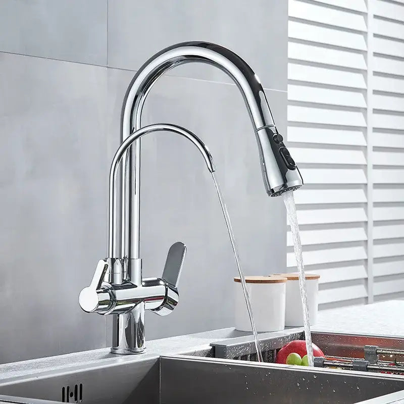 Matte black dual spout kitchen water filter faucet 360 rotation