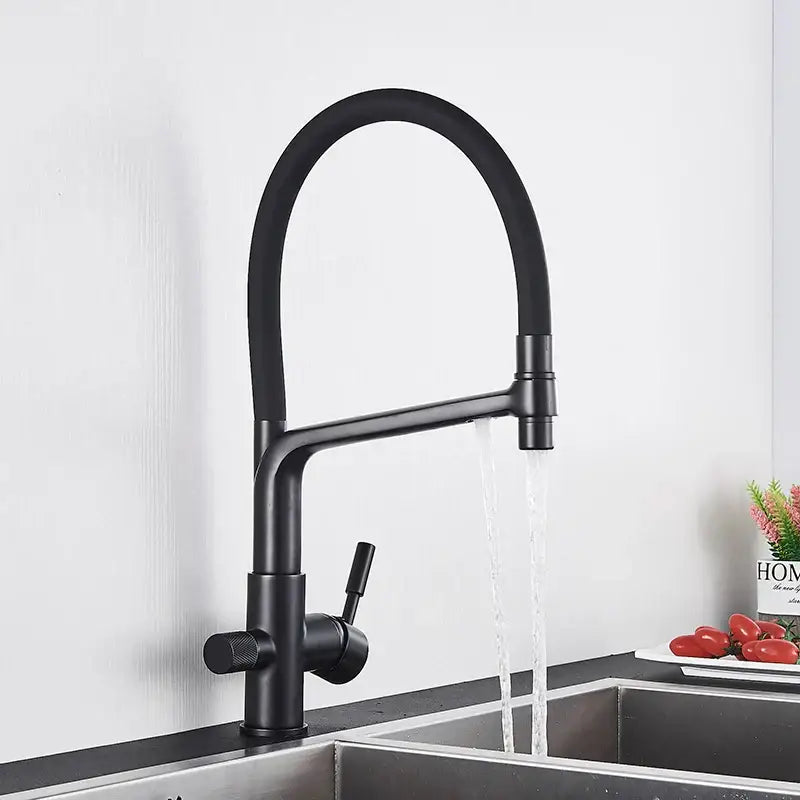 Matte black dual spout kitchen water filter faucet 360 rotation
