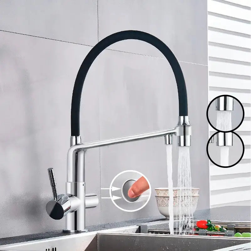Matte black dual spout kitchen water filter faucet 360 rotation