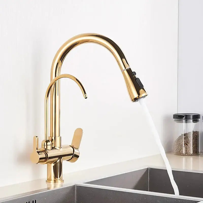 Matte black dual spout kitchen water filter faucet 360 rotation