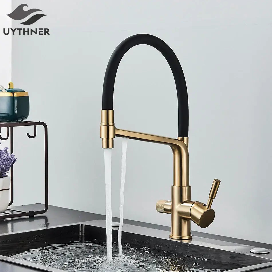 Matte black dual spout kitchen water filter faucet 360 rotation