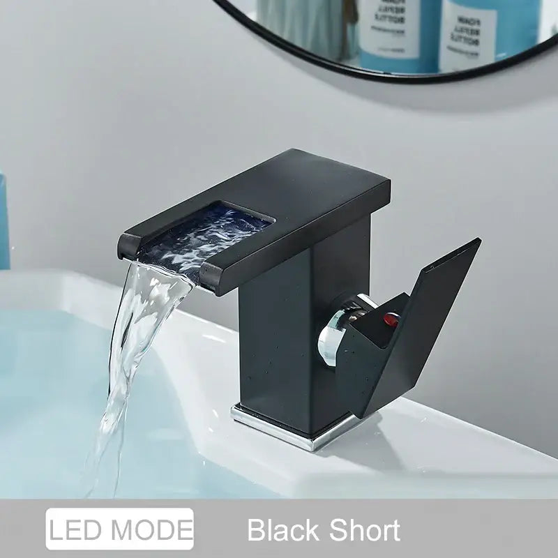 Matte black led waterfall basin faucet bathroom glass fixture