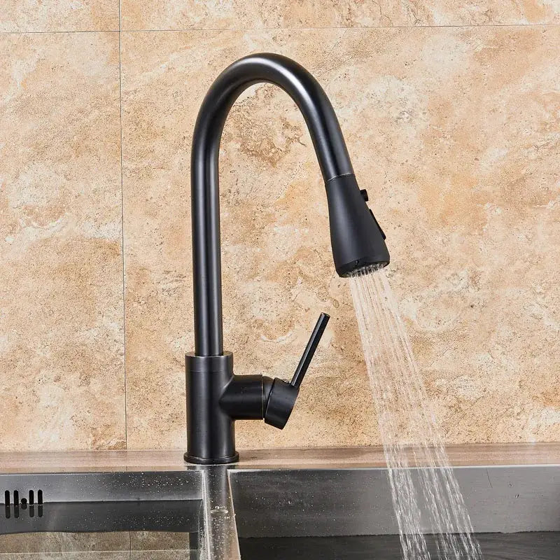 Matte black pull out kitchen faucet with high arc spout