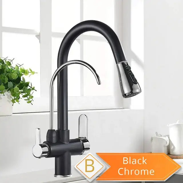 Matte black pull out kitchen faucet with water filter mixer
