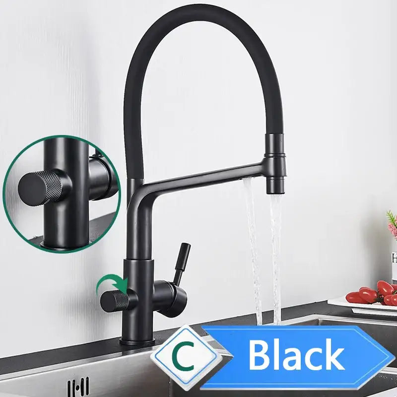 Matte black pull out kitchen faucet with water filter mixer