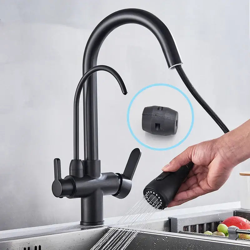 Matte black pull out kitchen faucet with water filter mixer