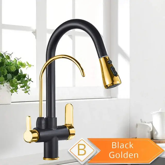 Matte black pull out kitchen faucet with water filter mixer