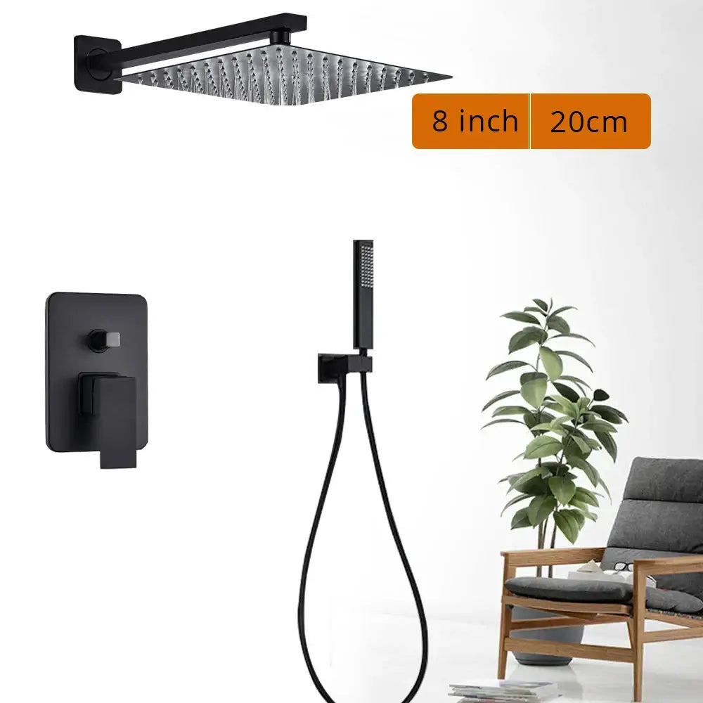 Matte black shower set with square rain head and spout for bathroom