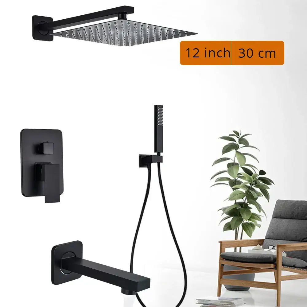 Matte black shower set with square rain head and spout for bathroom