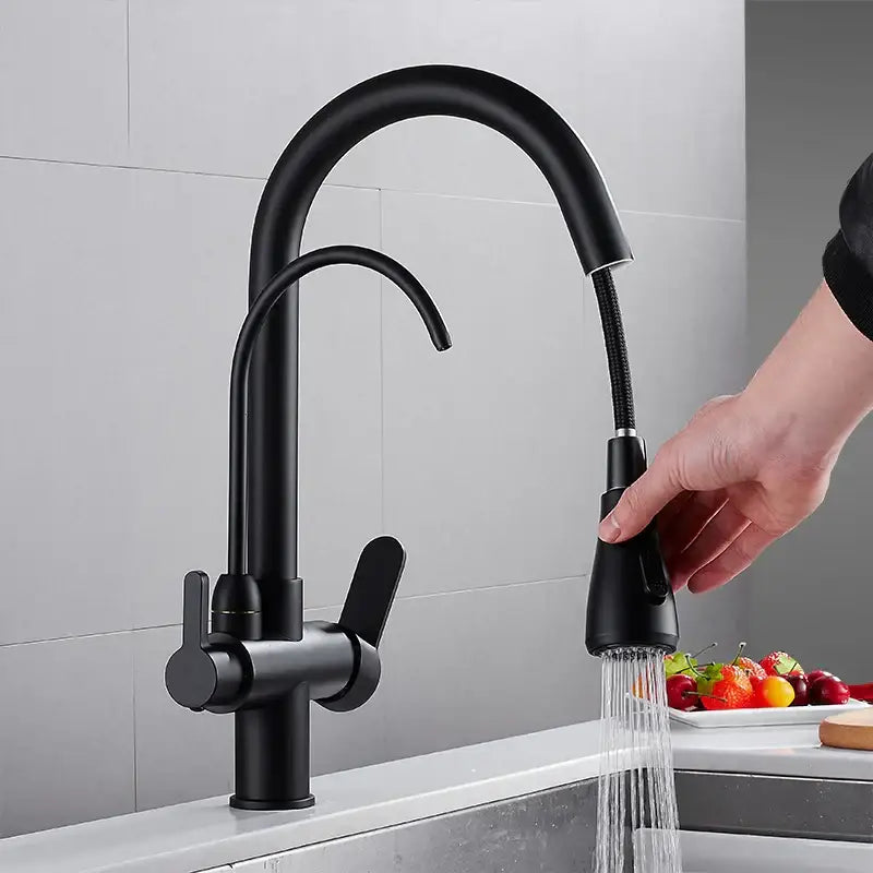 Matte black solid brass kitchen faucet with pull down spray head