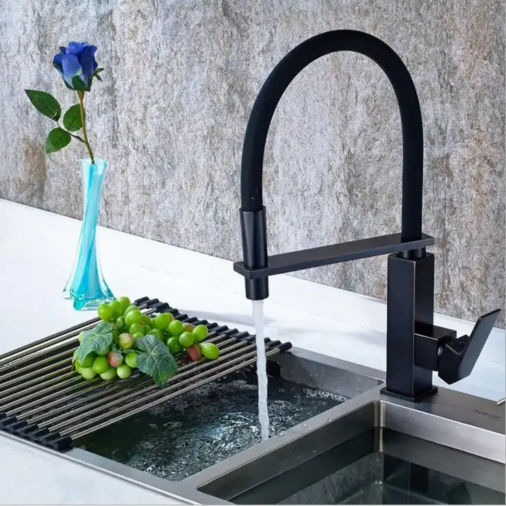 Matte black swivel kitchen faucet with pull down spray tap