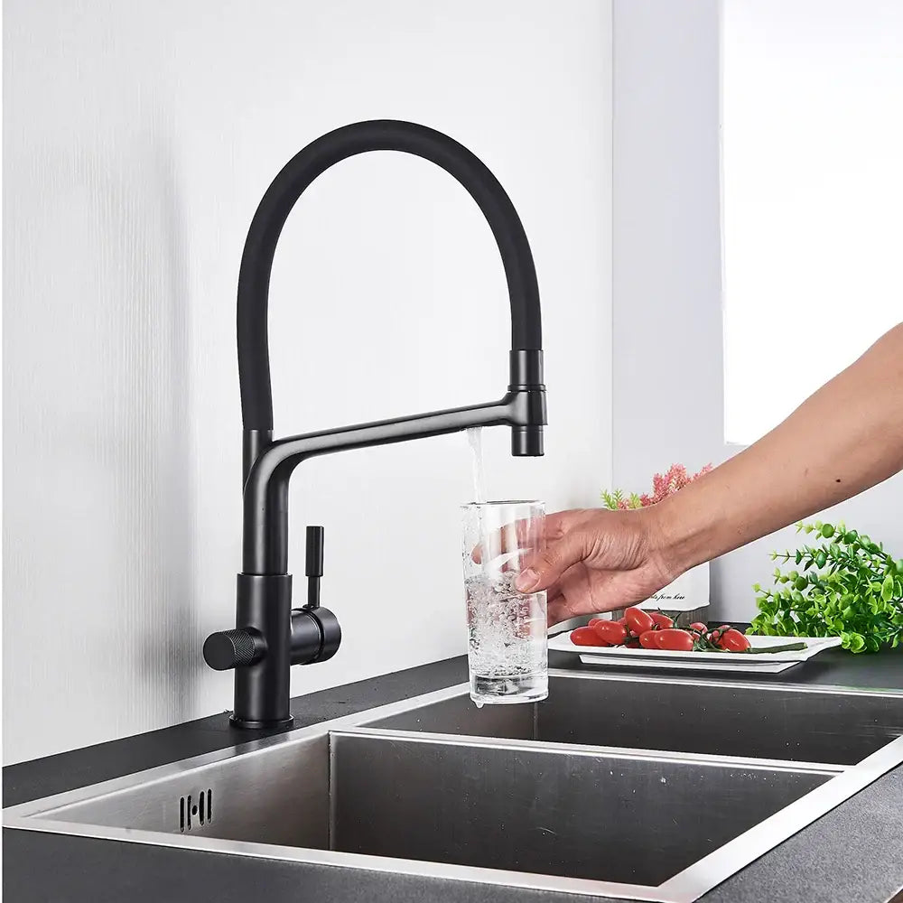 Matte black water filter kitchen faucet pull down gooseneck tap