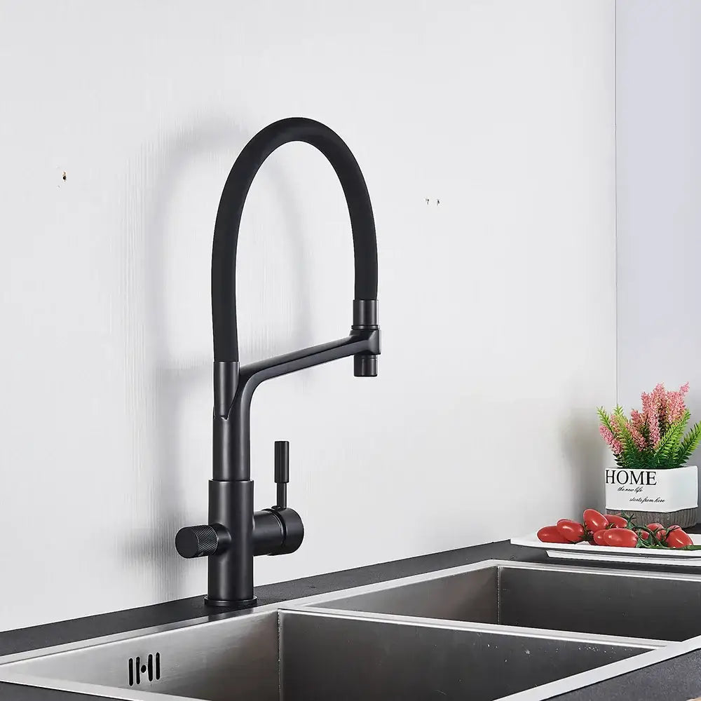 Matte black water filter kitchen faucet pull down gooseneck tap