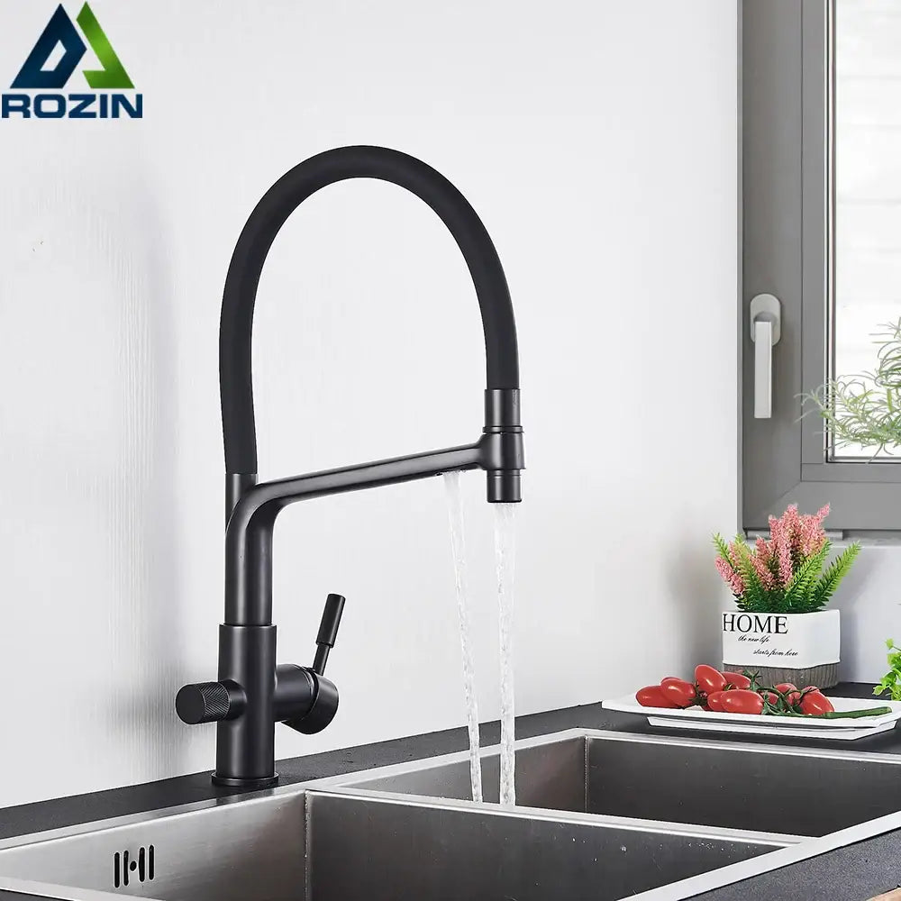 Matte black water filter kitchen faucet pull down gooseneck tap